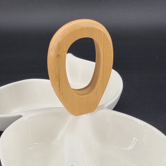 Brandani White Porcelain Four Compartment Serving Appetizer Dish Bamboo Handle - Picture 5 of 7